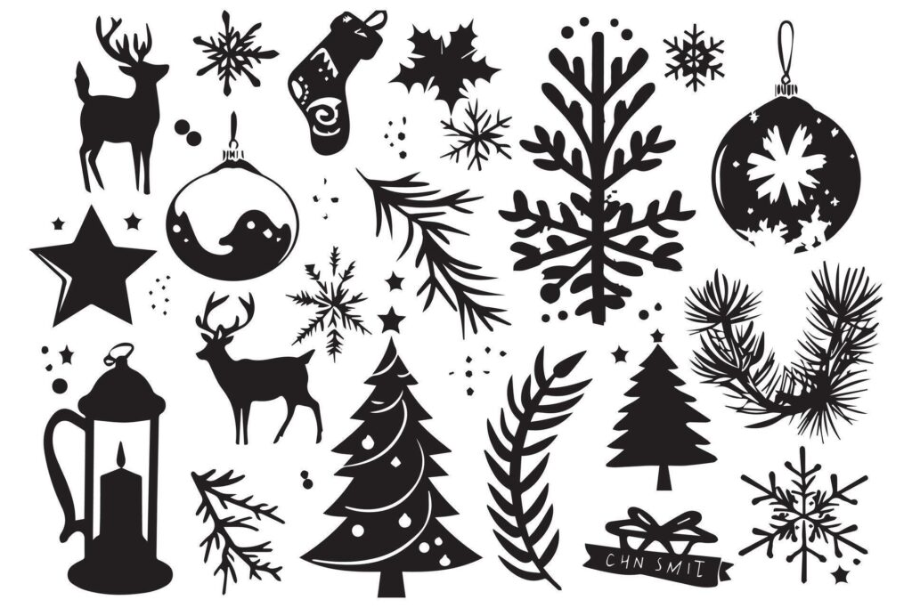 Christmas elements black silhouette icons set free design Stock Free