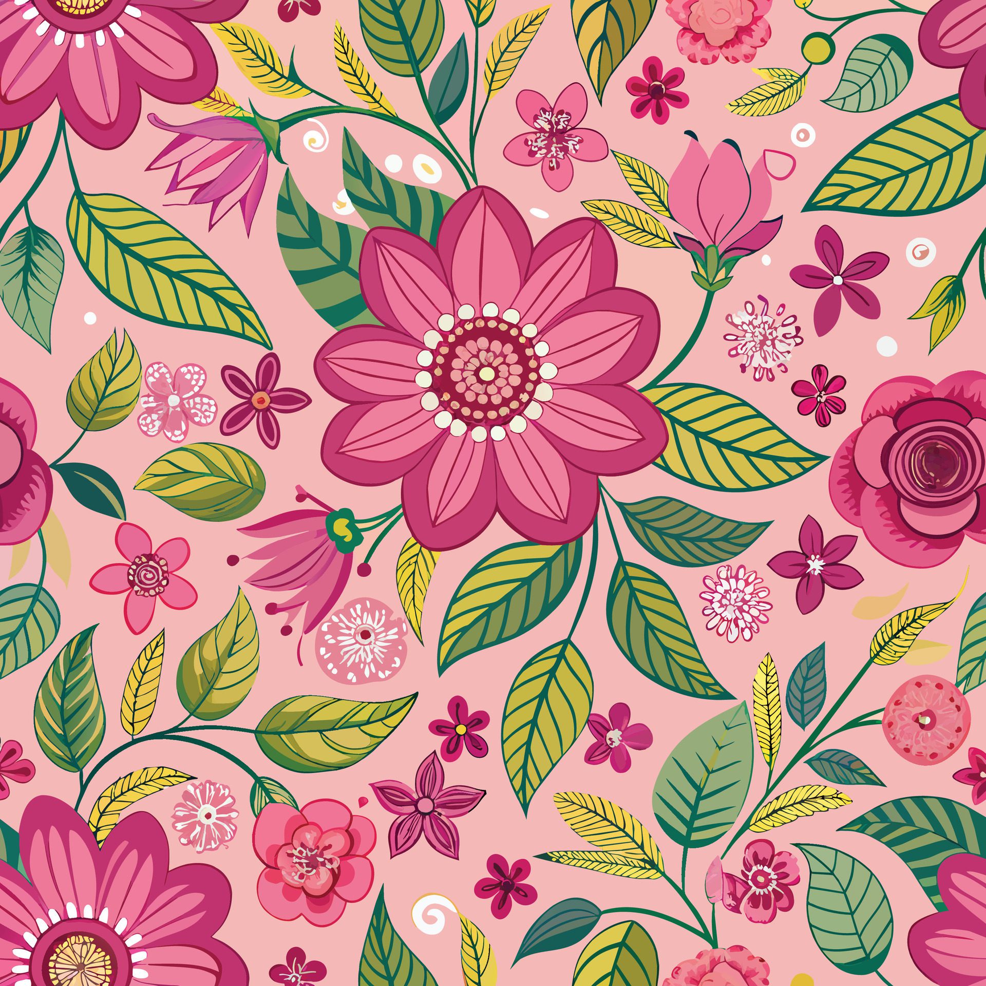 a pink floral pattern with pink flowers and leaves Free Vector