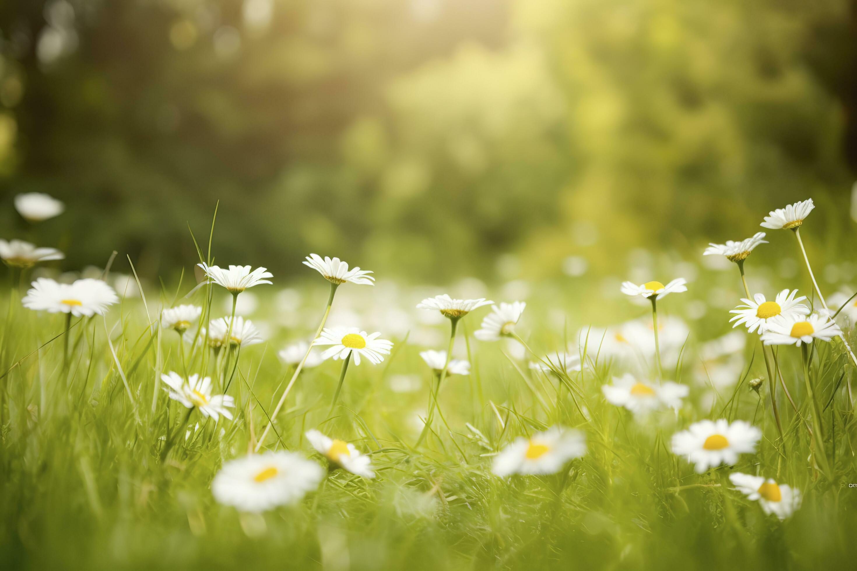 Sunny Spring Grass Meadow, Daisy Flowers , generate ai Stock Free