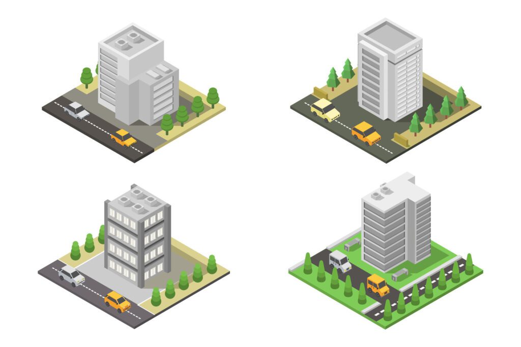 Isometric office buildings on white background Free Vector