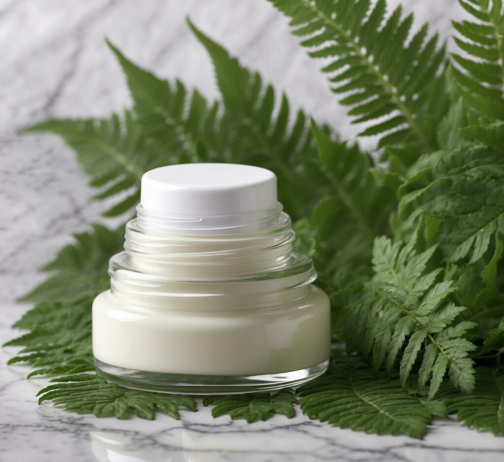 Jar of cosmetic cream and palm leaves on a dark background, top view Free Photo