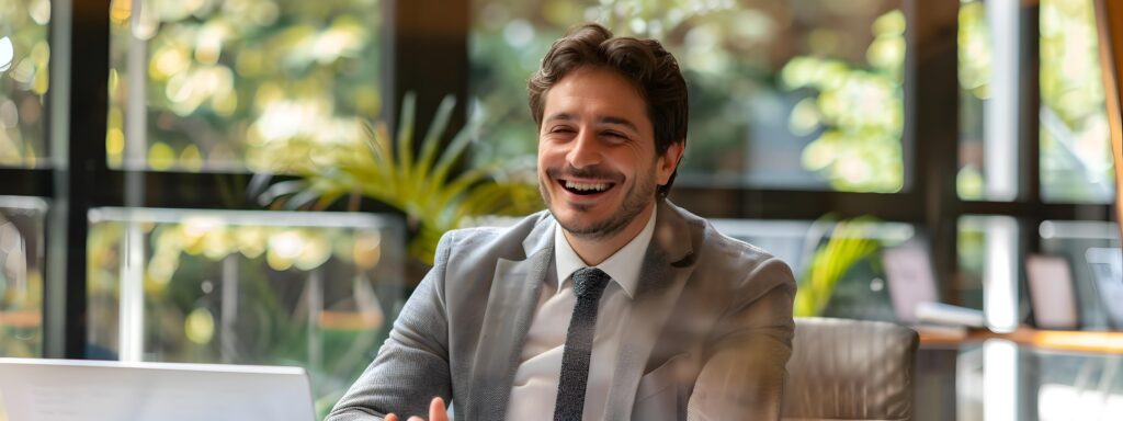 Cheerful Business Executive Discussing at Office Desk with Laptop Stock Free