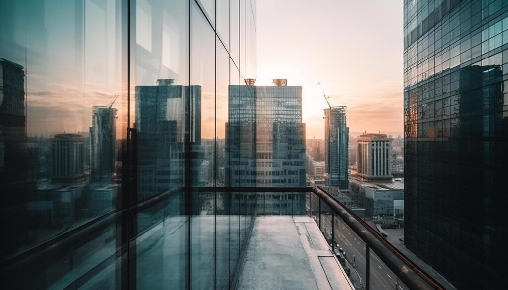 Tall skyscrapers illuminate Beijing modern city life at dusk generated by AI Stock Free