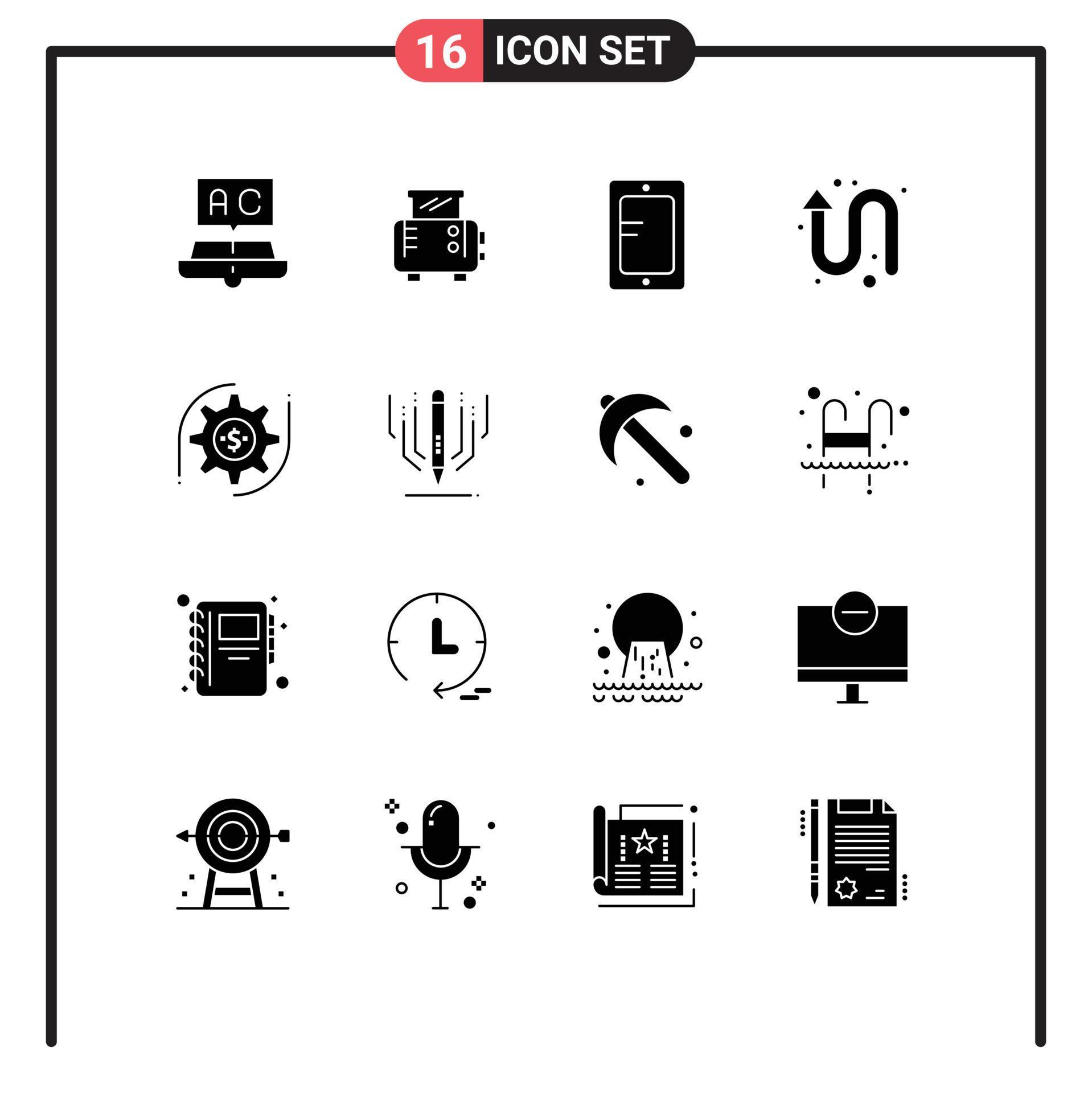 Modern Set of 16 Solid Glyphs and symbols such as setting left up mobile up arrow Editable Vector Design Elements Stock Free