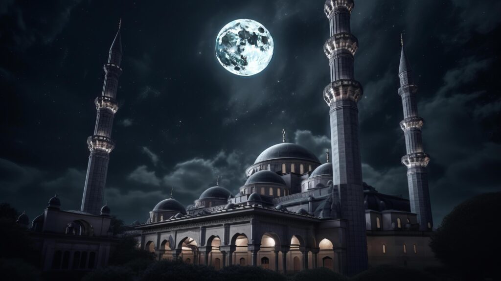 Mosque in front of night cloudy and starry sky Illustration Stock Free