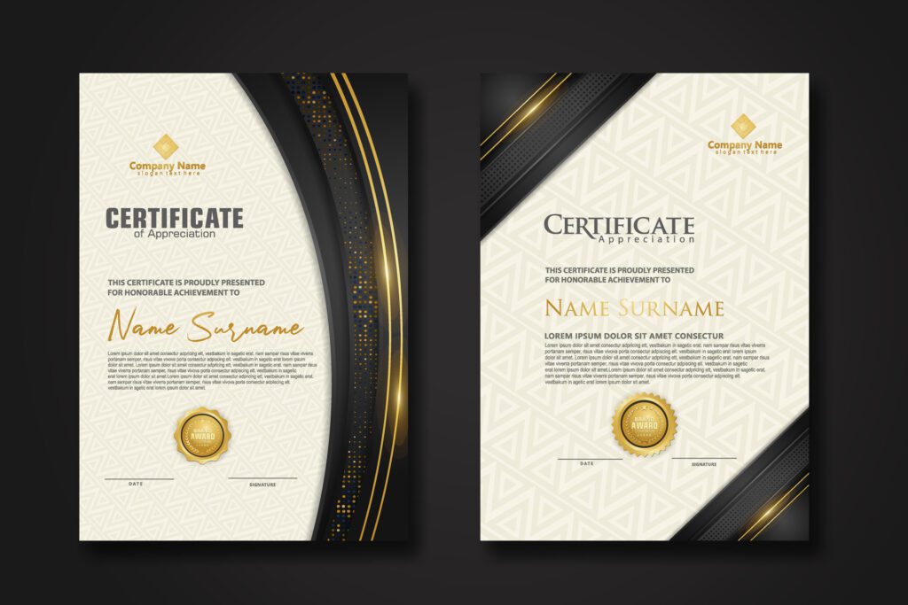 Luxury certificate template with glitter effect dan lines gold shine on frame background Free Vector