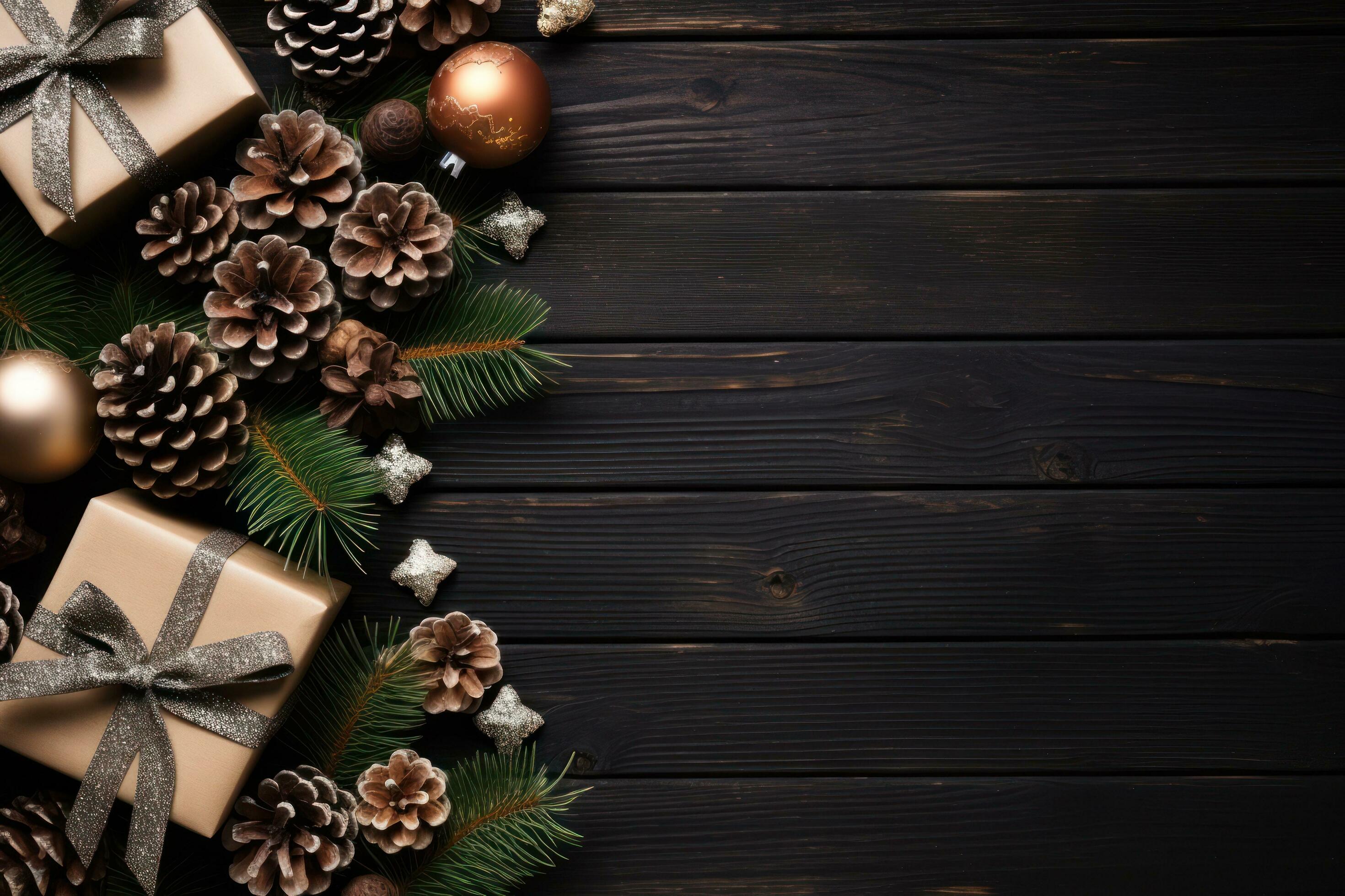 Christmas background on dark wooden table Stock Free