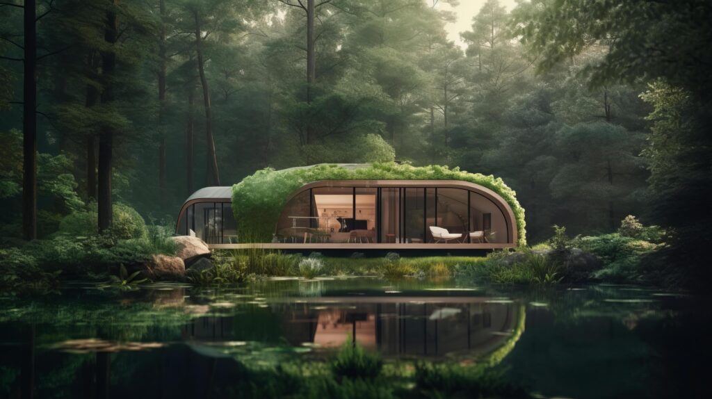 Form of a house-shaped pond located in a lush forest Illustration Stock Free