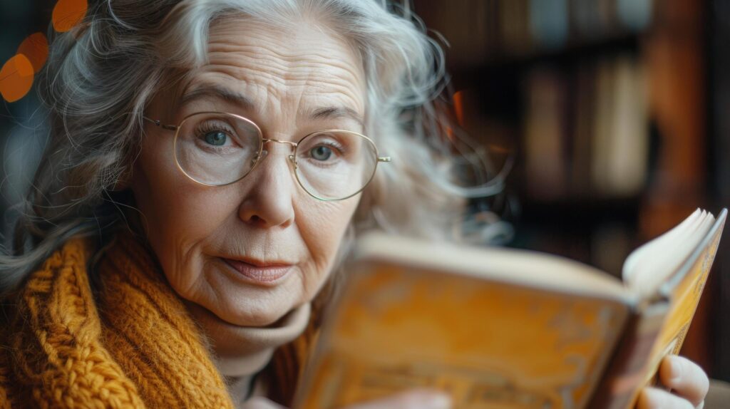 Caucasian elderly senior woman retired is reading a book in library for elderly society. AI-Generated Free Photo