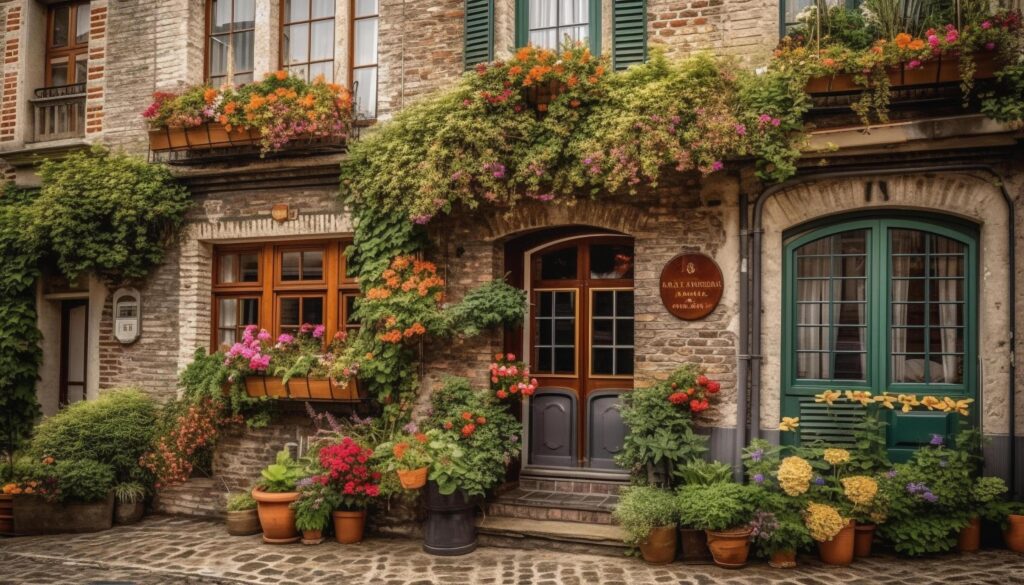 Old fashioned cottage with balcony and potted plants in rural scene generated by AI Stock Free