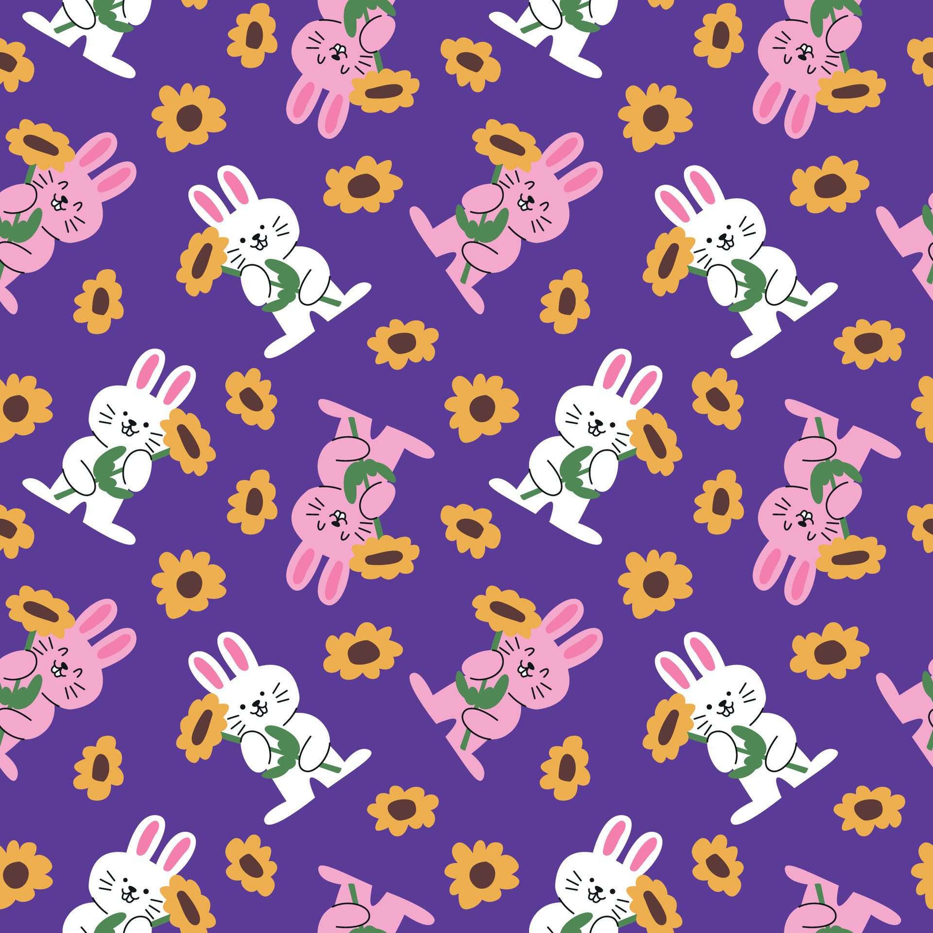 CUTE BUNNY IS HOLDING A SUNFLOWER SEAMLESS PATTERN Free Vector