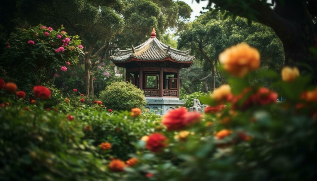 Ancient pagoda in formal garden showcases East Asian culture spirituality generated by AI Stock Free