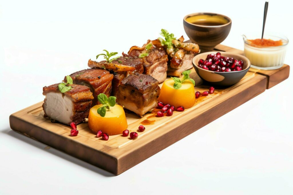 Pork belly braaivleis with mango and chili sauce served on a wooden plank. Restaurant food concept by AI Generated Stock Free