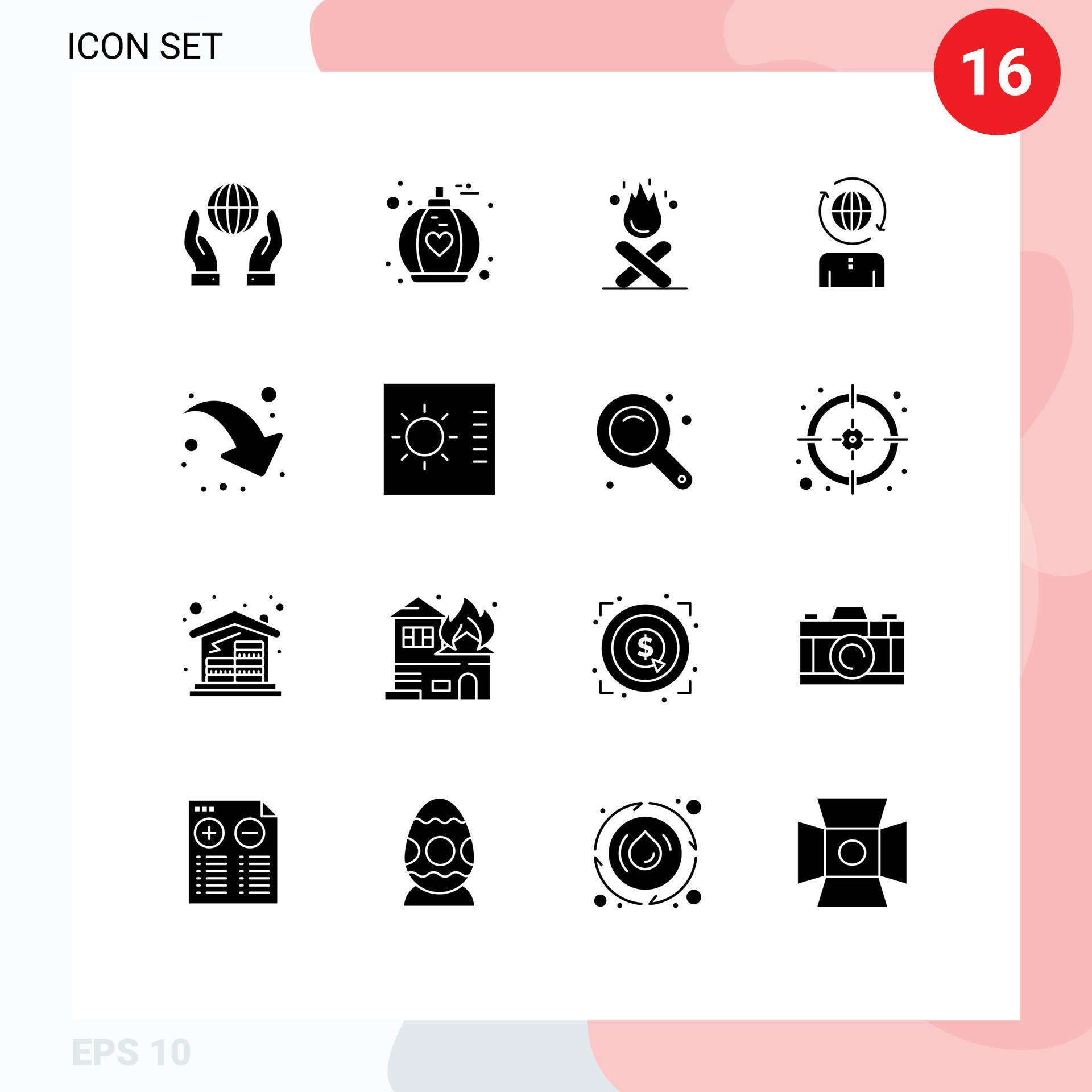 16 User Interface Solid Glyph Pack of modern Signs and Symbols of down right arrow campfire modern global Editable Vector Design Elements Stock Free