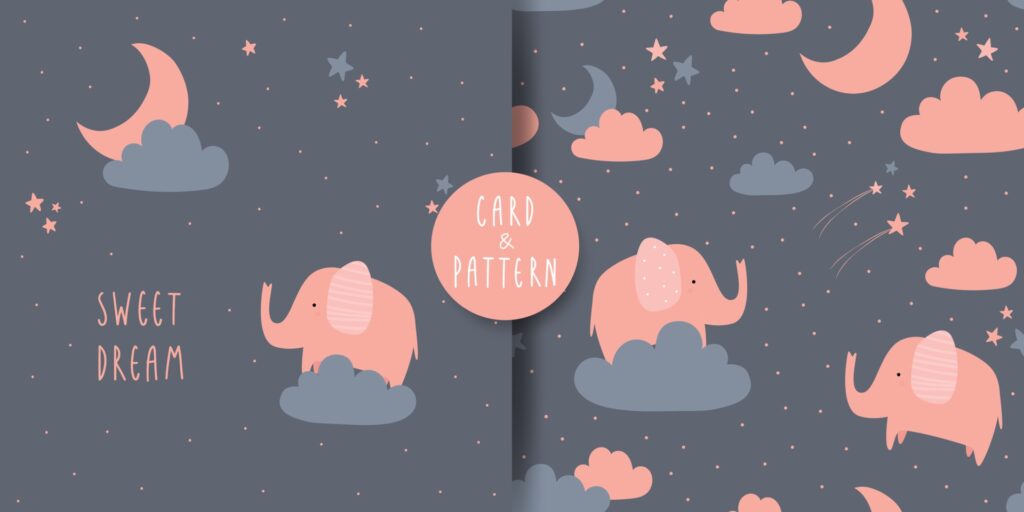 Cute elephant sweet dream cartoon card and seamless pattern bundle Free Vector