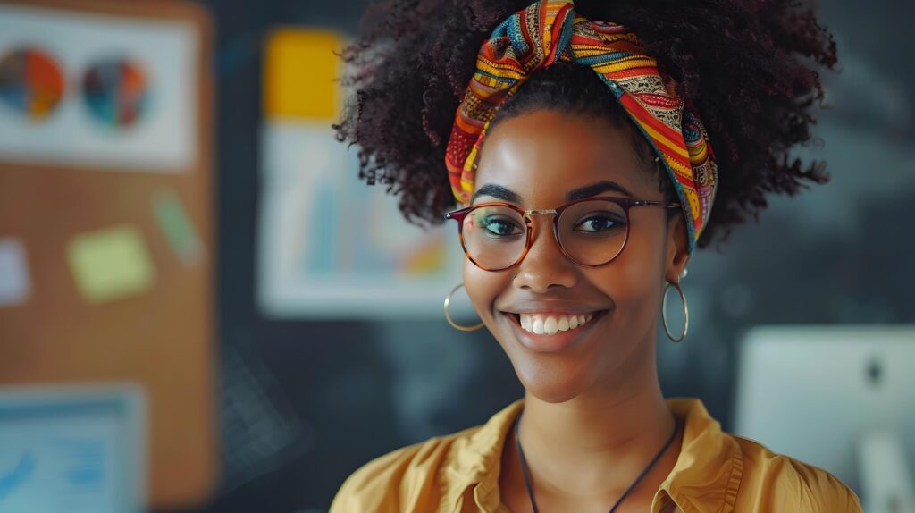 Confident Young African American Business Consultant Smiling at in Modern Office Setting Stock Free