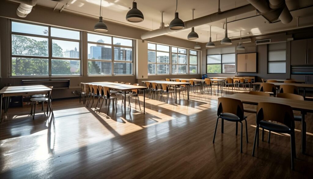 Modern classroom with wooden desks and chairs, empty of people generated by AI Stock Free