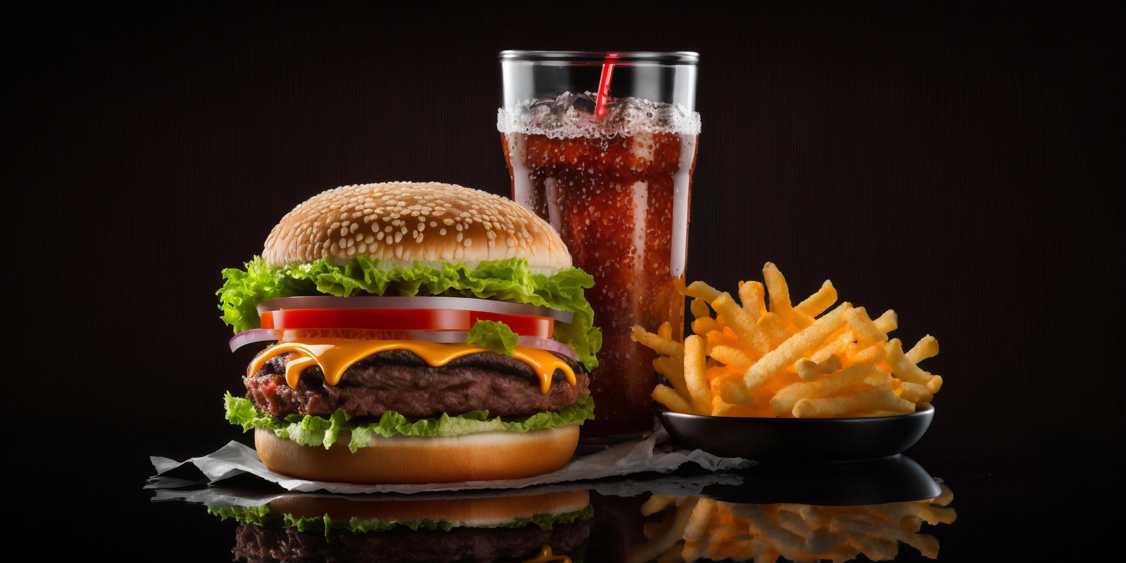 The fast food meal in the black background with . Stock Free