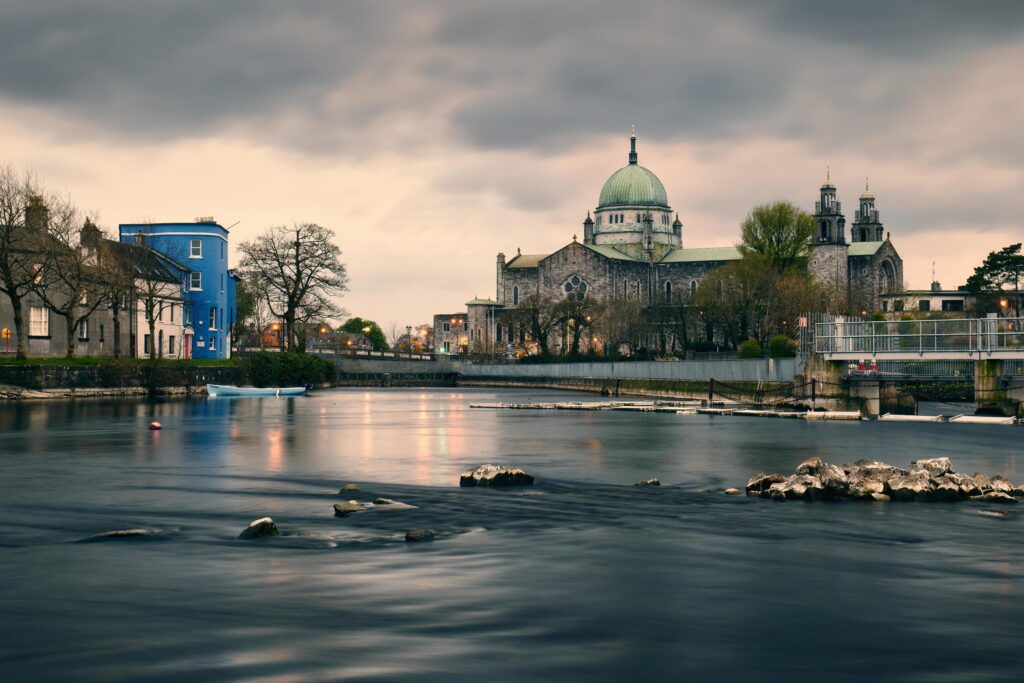 Beautiful cityscape scenery with irish landmark Galway cathedral by the Corrib River at Galway City in Ireland Stock Free