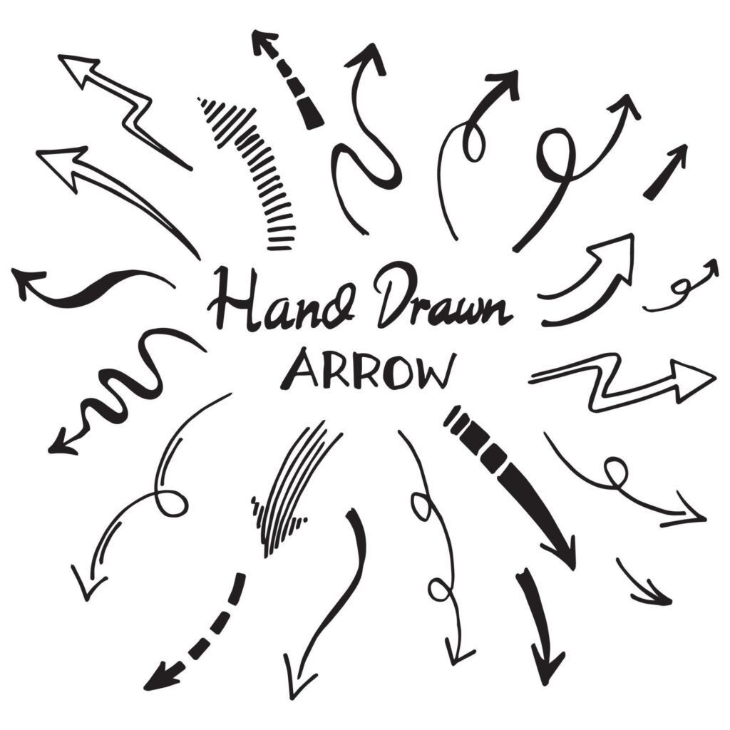 hand drawn Arrows icons Set. arrow icon with various directions. Doodle vector illustration. isolated on a white background. Stock Free