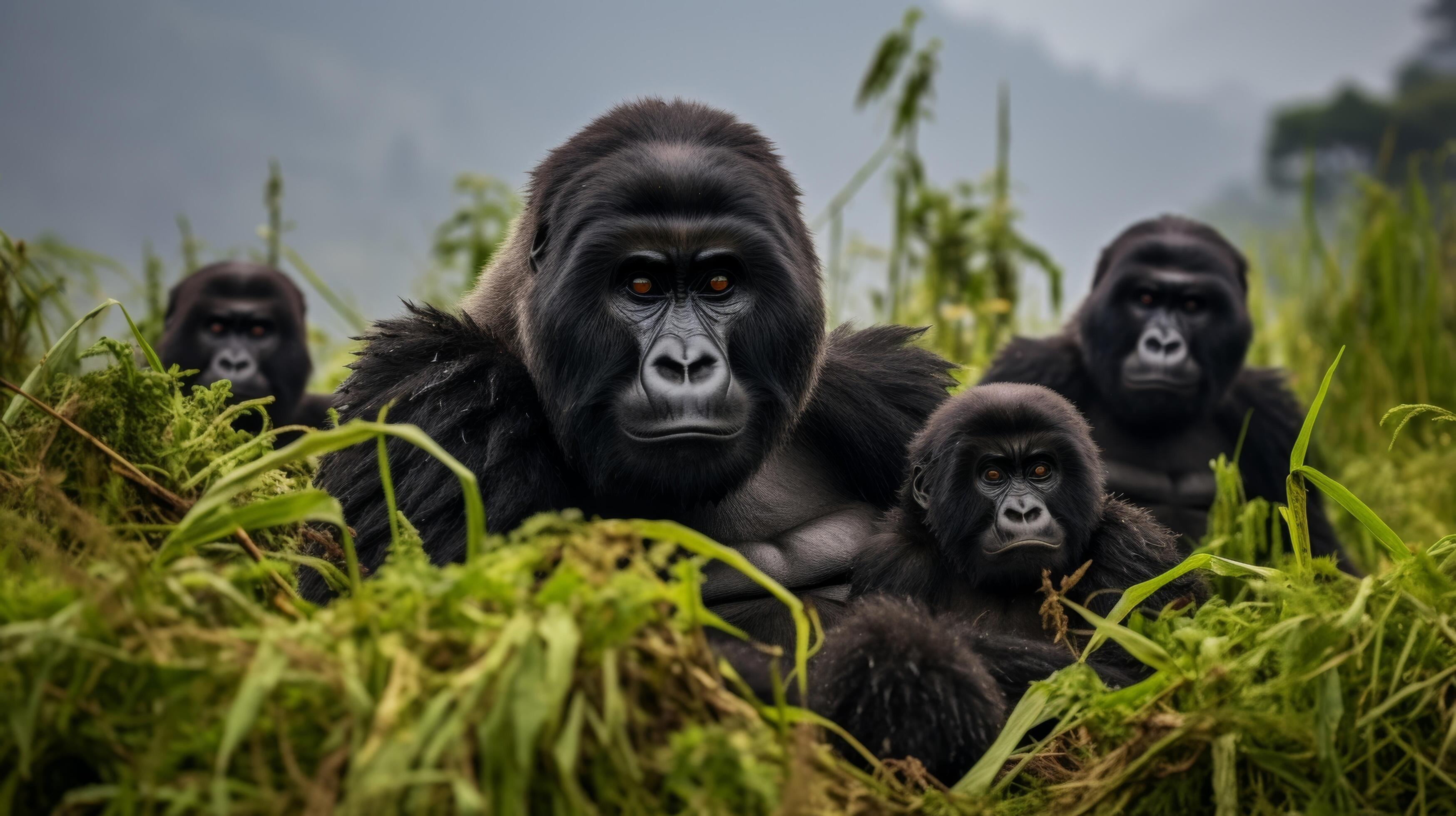 AI generated A family of mountain gorillas in the misty Virunga Mountains Stock Free