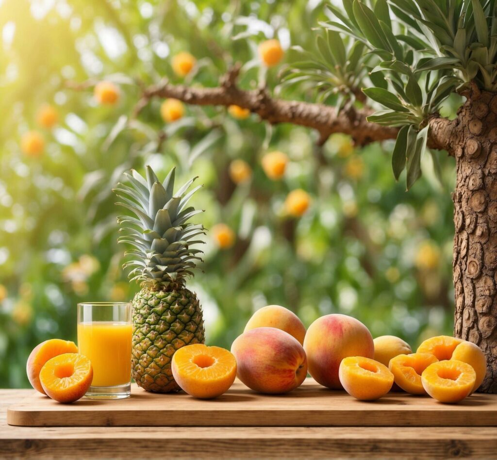 Fresh peach and pineapple juice in glass on wooden table. Summer fruit background Free Photo