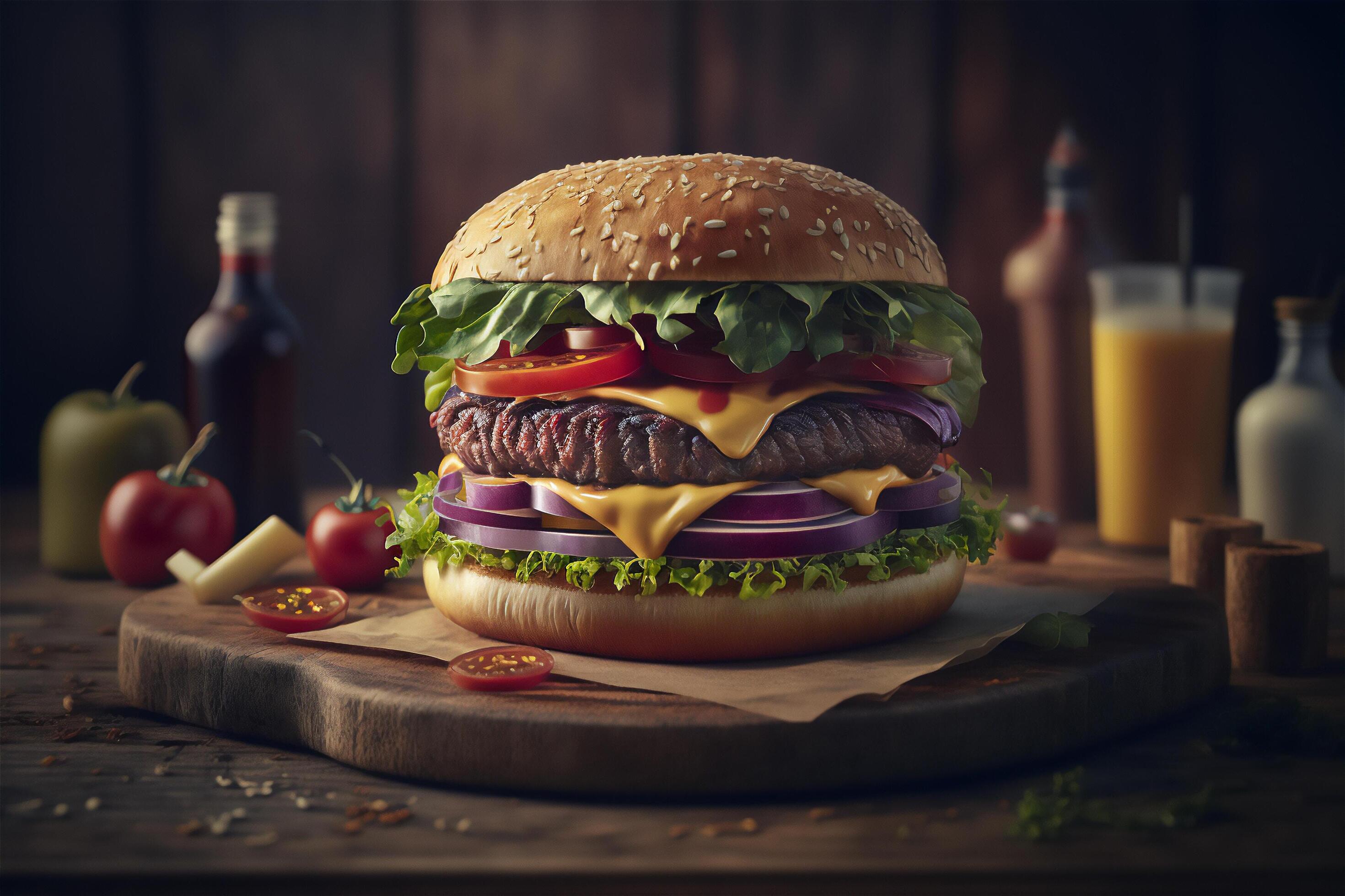 Tasty homemade hamburger on rustic wooden table. Copy space. Advertising. . Fast food snack Stock Free