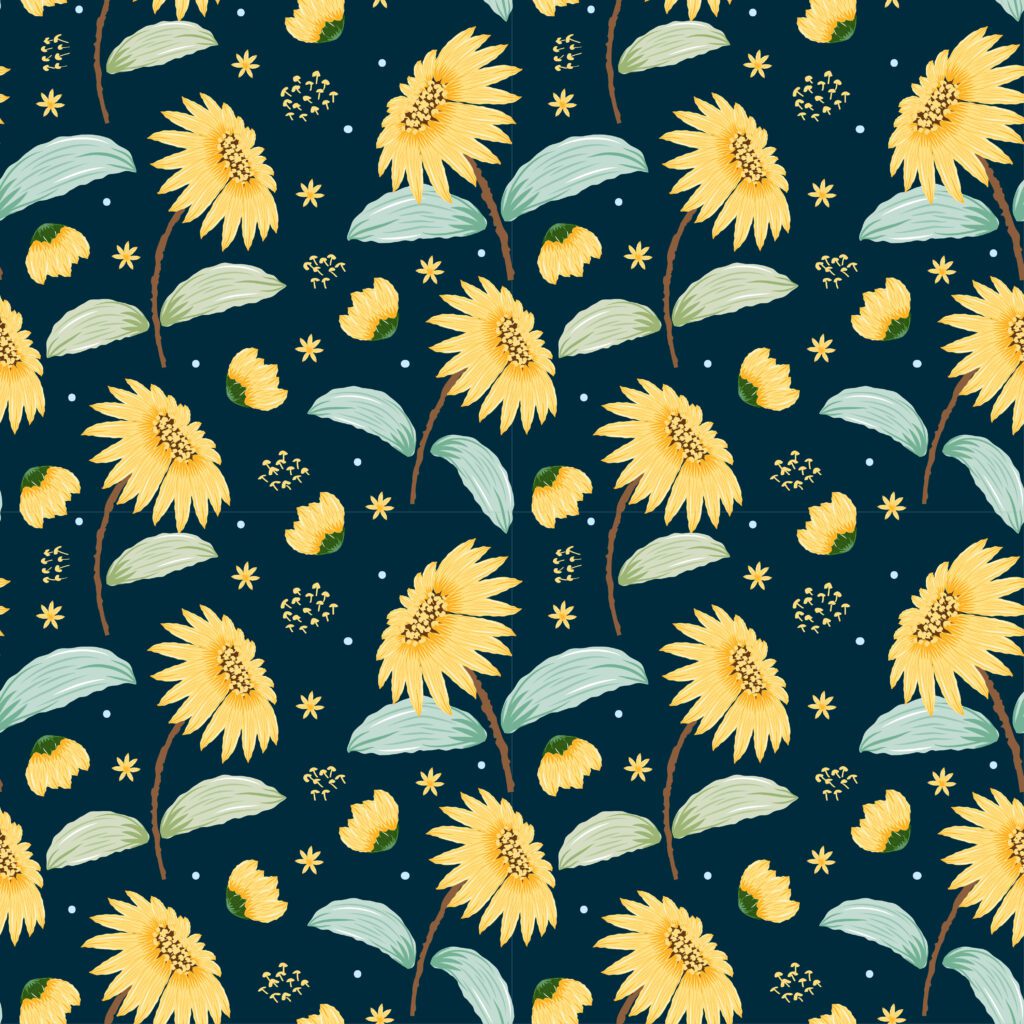 Seamless pattern with sunflowers concept in the dark blue backdrop Free Vector