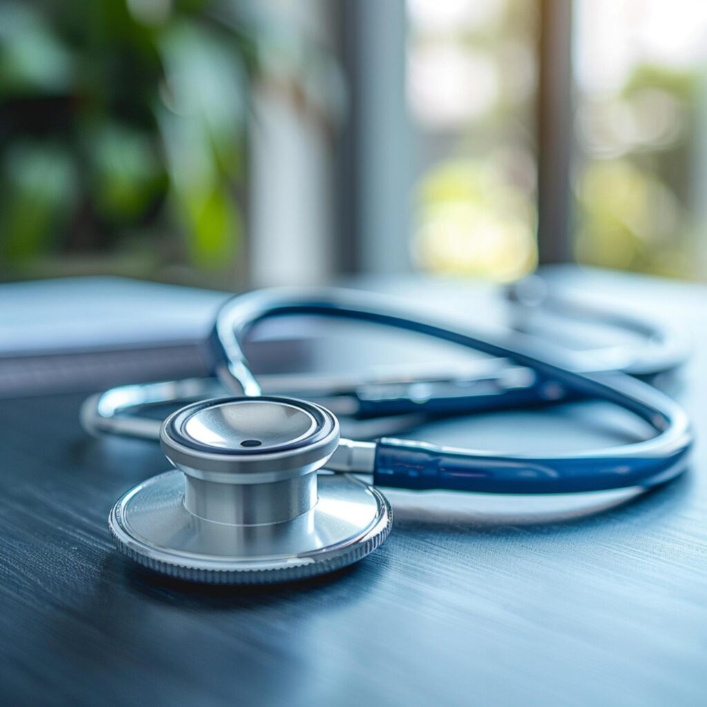 Close-up shot of a stethoscope delicately placed on a desk generated by AI. Free Photo