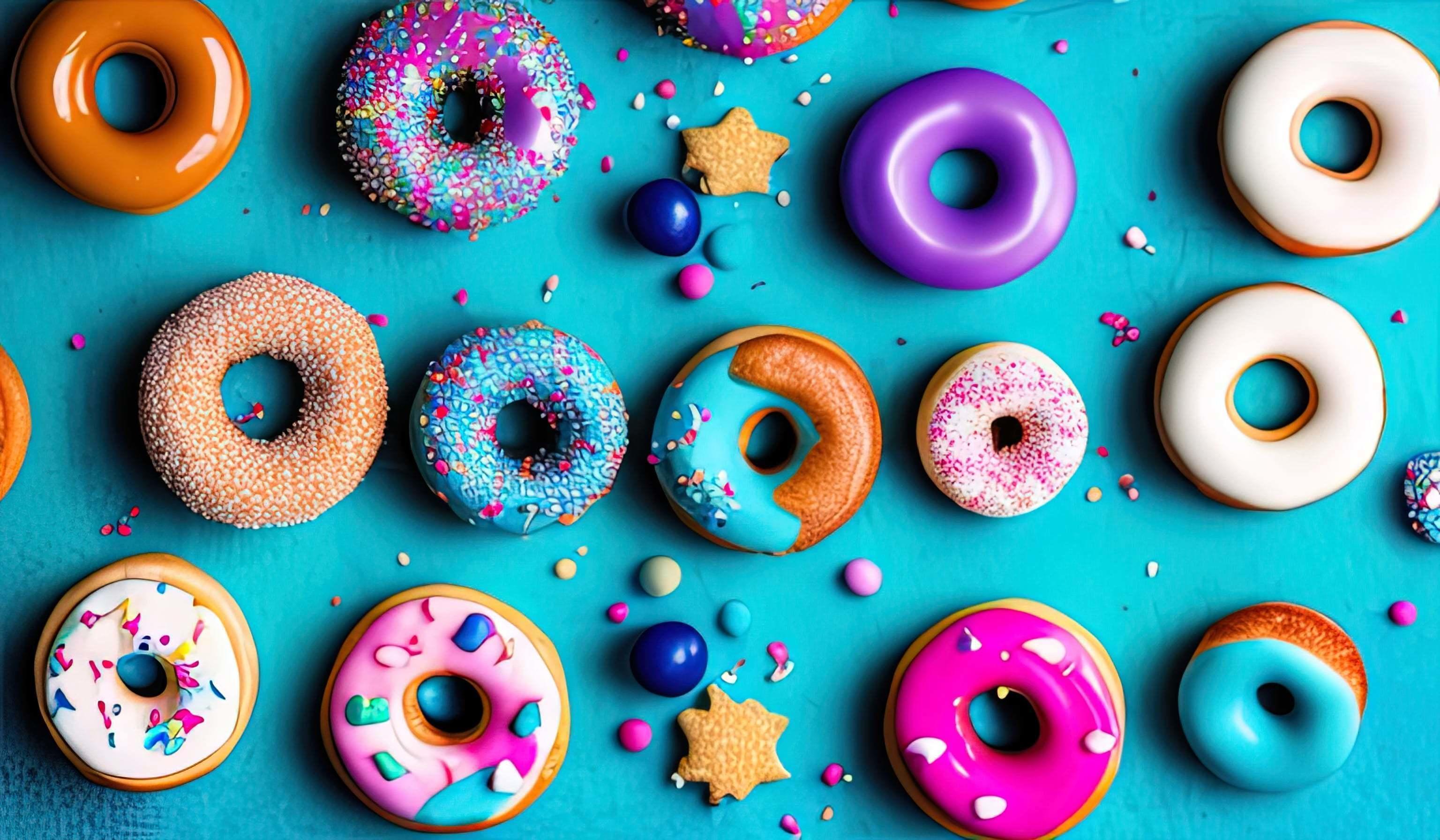 professional food photography closeup of Various decorated moving doughnuts falling on blue background Stock Free