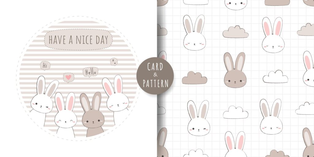 Cute rabbit bunny greeting cartoon doodle card and seamless pattern bundle Free Vector