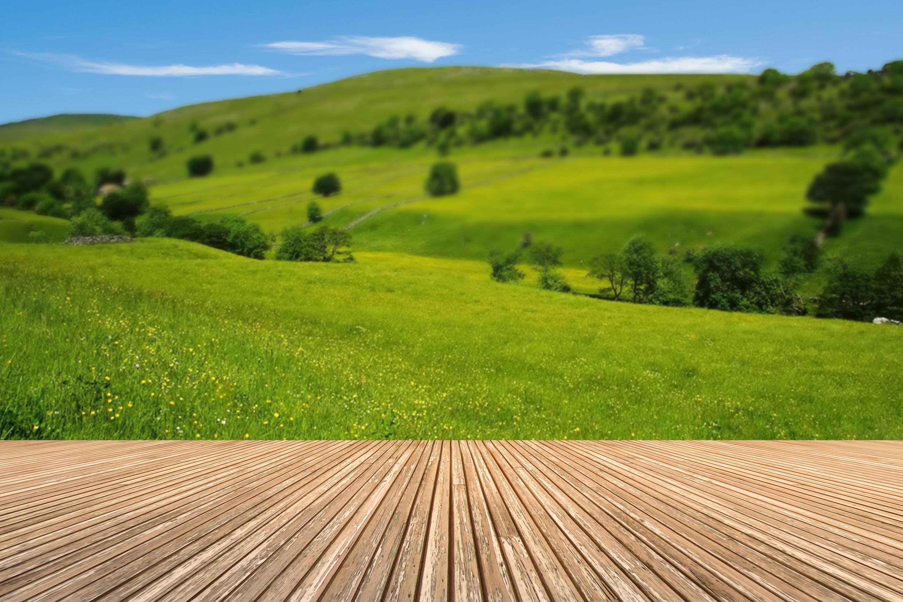 Empty wooden table with mountain view or natural wood table. Stock Free