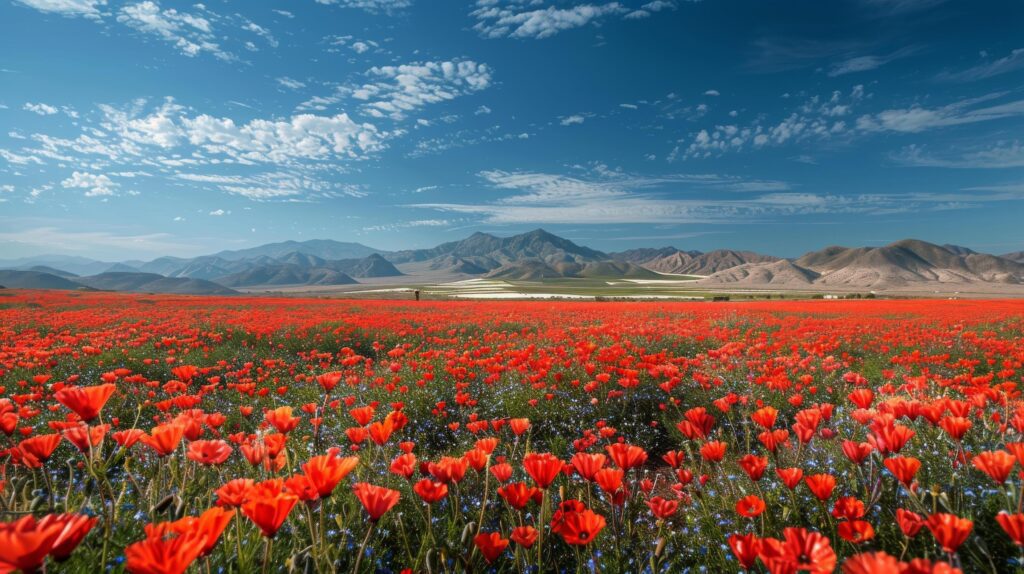 Field of Red Flowers With Mountains in Background Stock Free