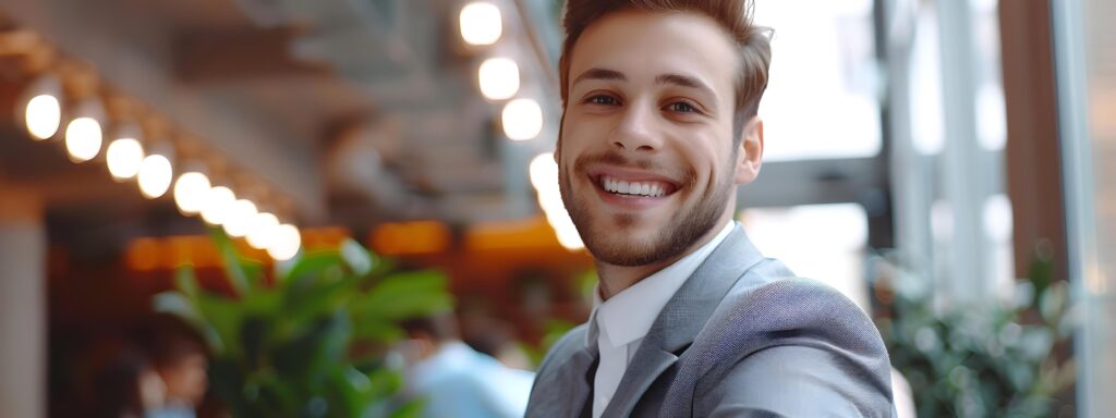 Confident Young Business Executive Smiling Happily in Modern Office Stock Free