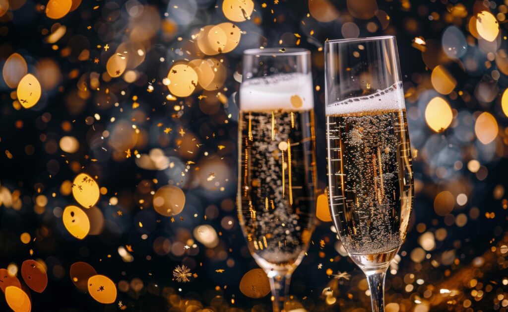 Two Champagne Flutes Filled With Sparkling Wine Against a Festive Background Stock Free