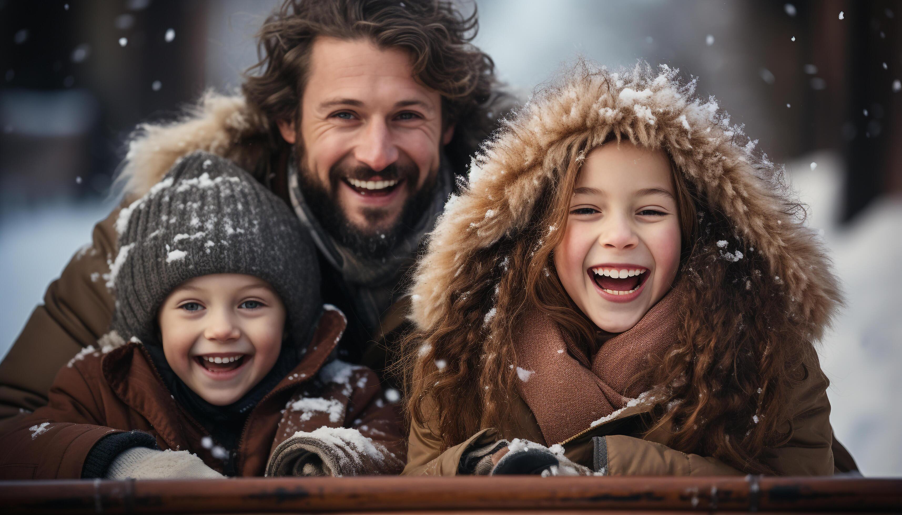 AI generated Smiling family playing in the snow, enjoying winter together generated by AI Stock Free