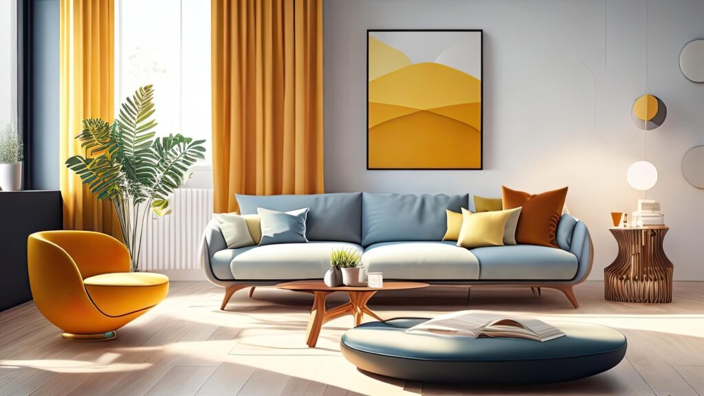 Interior of modern living room with yellow sofa, coffee table and armchair. Stock Free