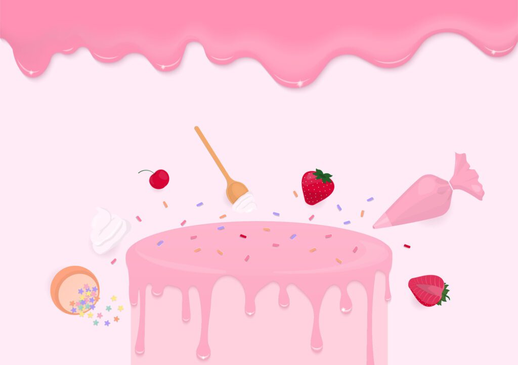 Pink liquid and strawberry cake background Free Vector