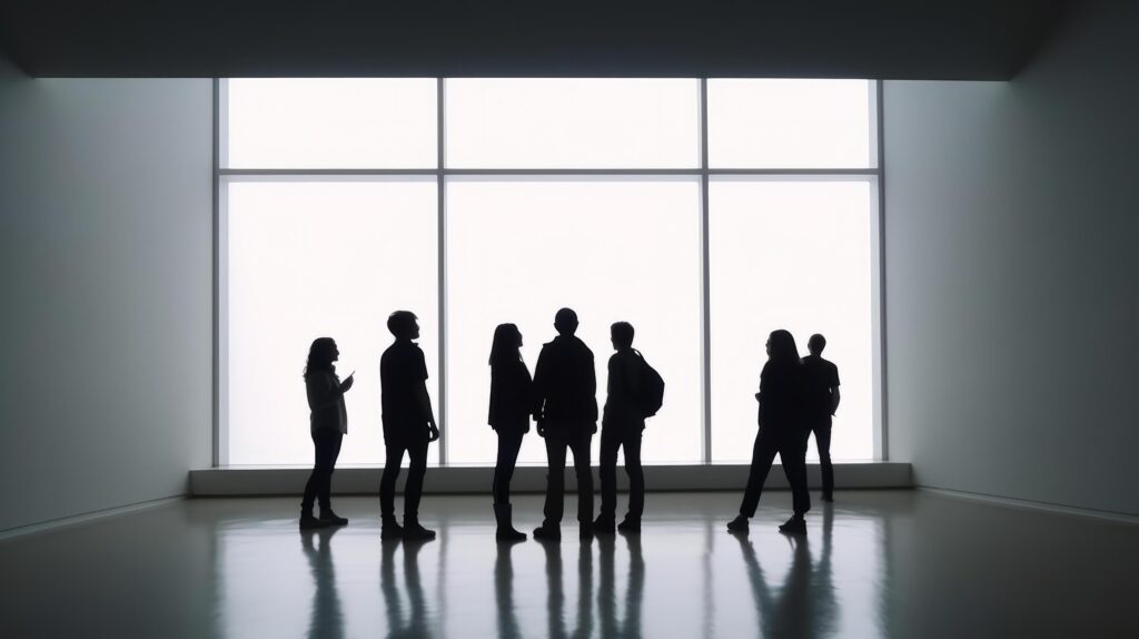 
									Peoples Silhouettes Looking on the Empty Frame in Art Gallery Illustration Stock Free