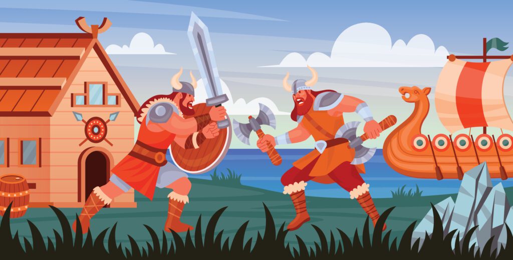 Cartoon vikings background with house and ship Free Vector