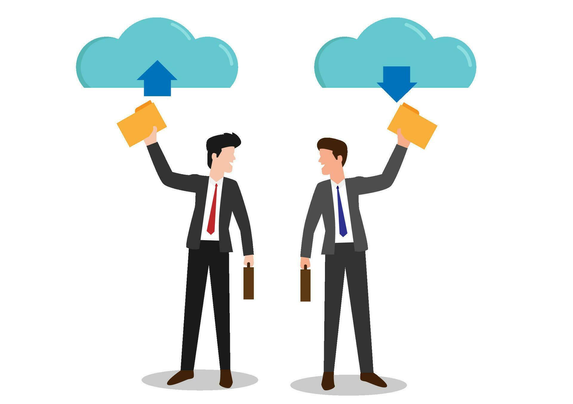 Data in database on cloud services, businessman hold cloud storage sign with arrows up and down, downloads and uploads files to the cloud Stock Free