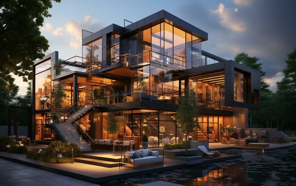 unique industrial architecture house in daylight, photo-realistic AI generative Stock Free