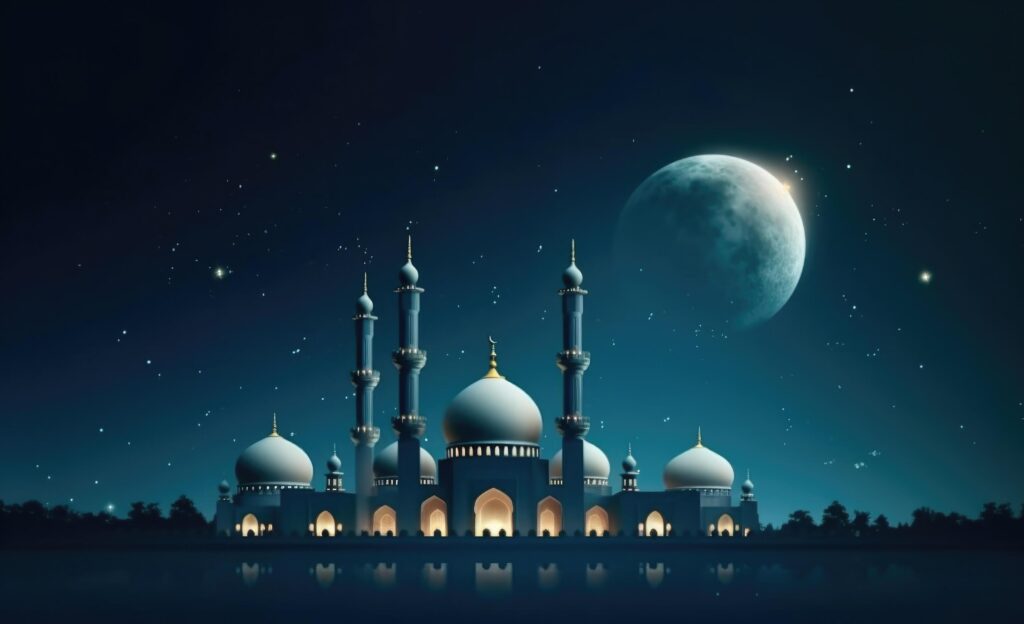 Mosques dome on dark blue twilight sky and crescent moon on background Illustration Stock Free