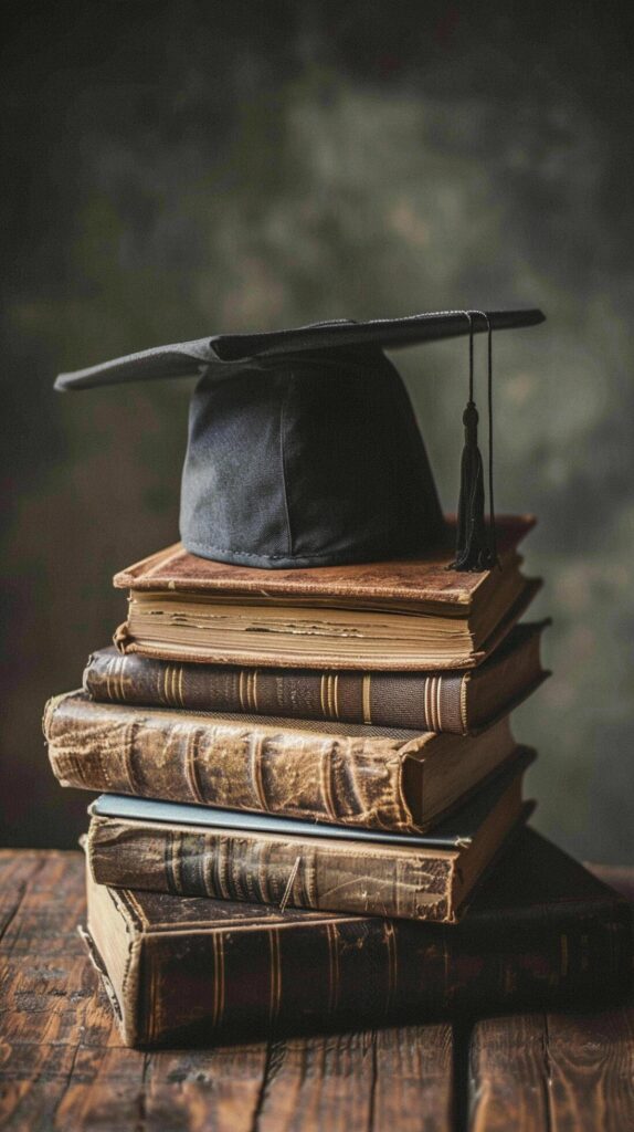 A graduation bachelor cap on a stack of book, knowledge and education concept. Stock Free