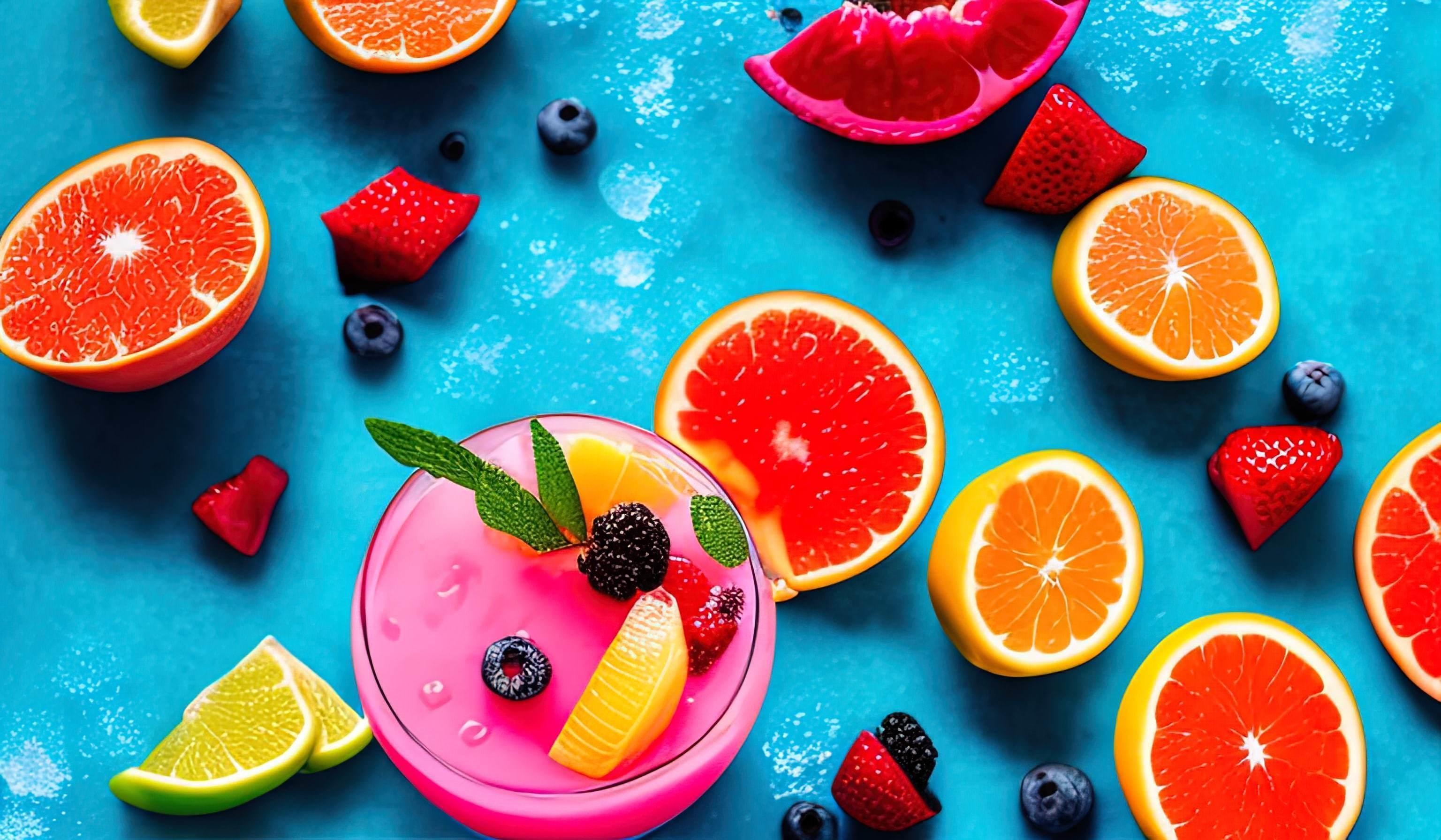 professional food photography closeup of Tropical fruit summer coctail with red grapefruit, berries and ice on blue background Stock Free