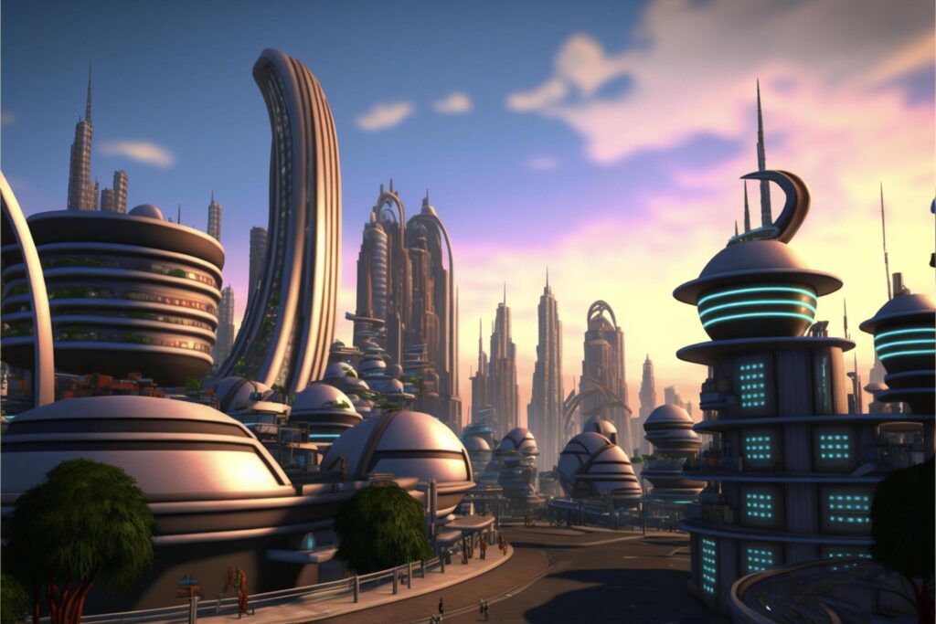 futuristic city with a lot of tall buildings. . Stock Free