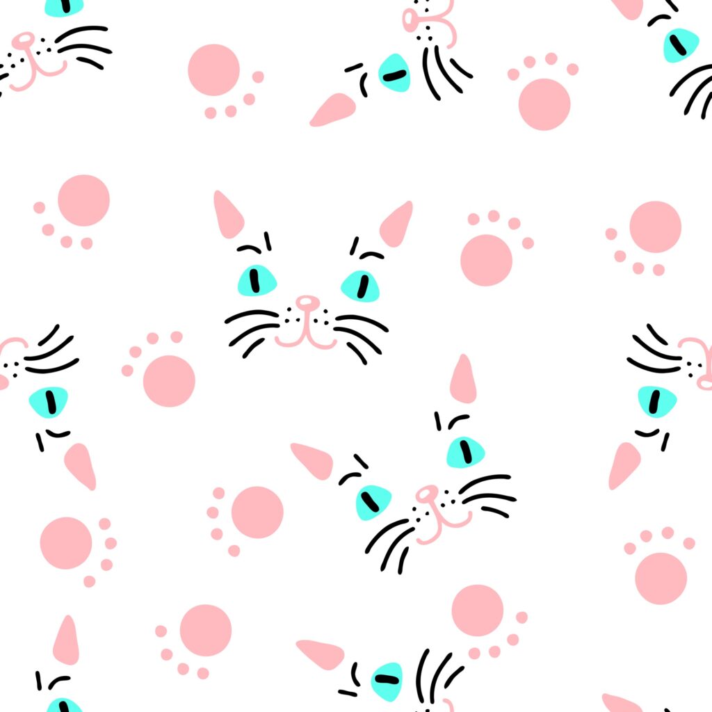 Light seamless pattern with kitten muzzles and paws. Free Vector