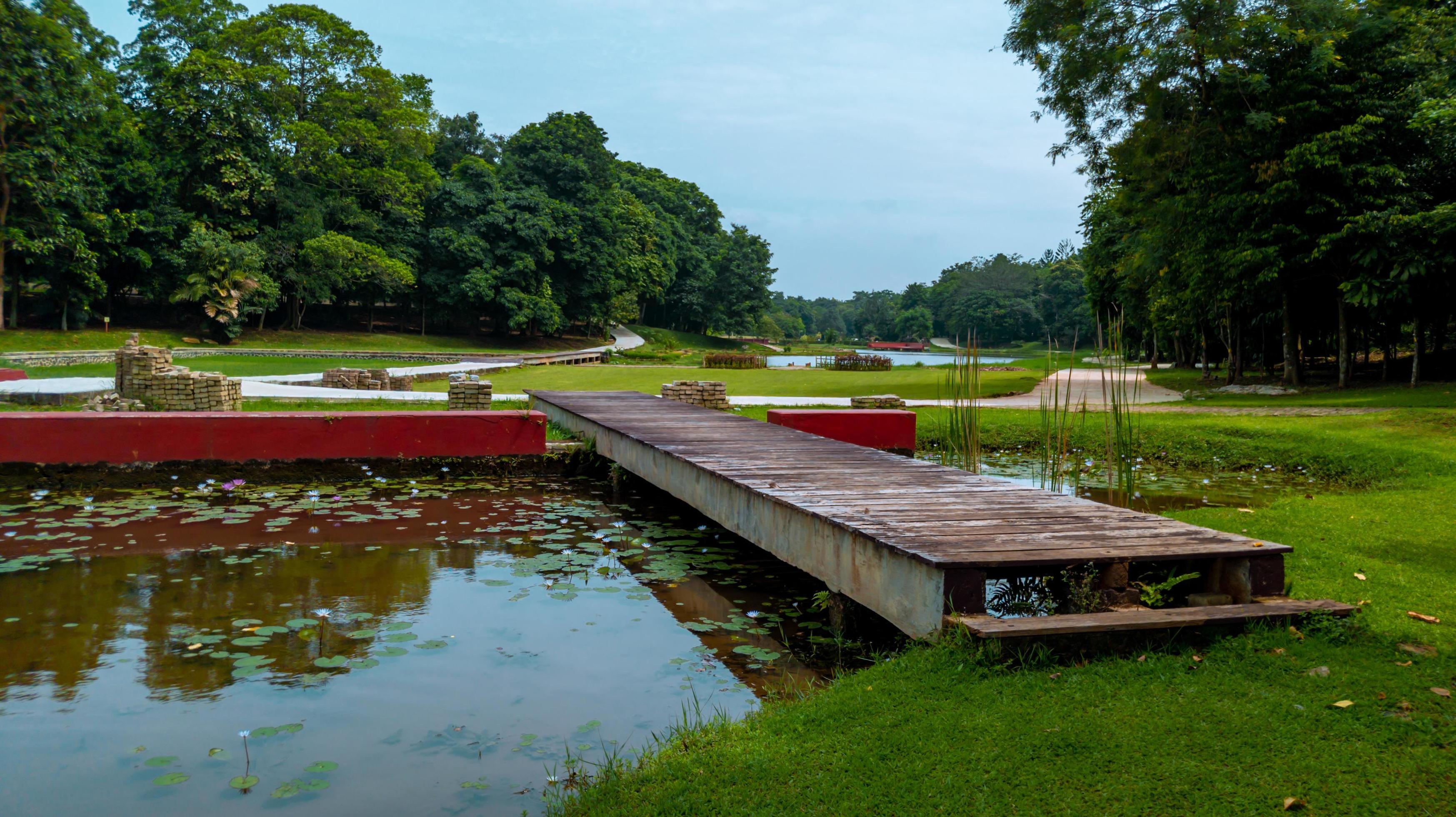 beautiful natural lanscape scenery, lake with wooden bridge, nature wallpaper, landscape background Stock Free