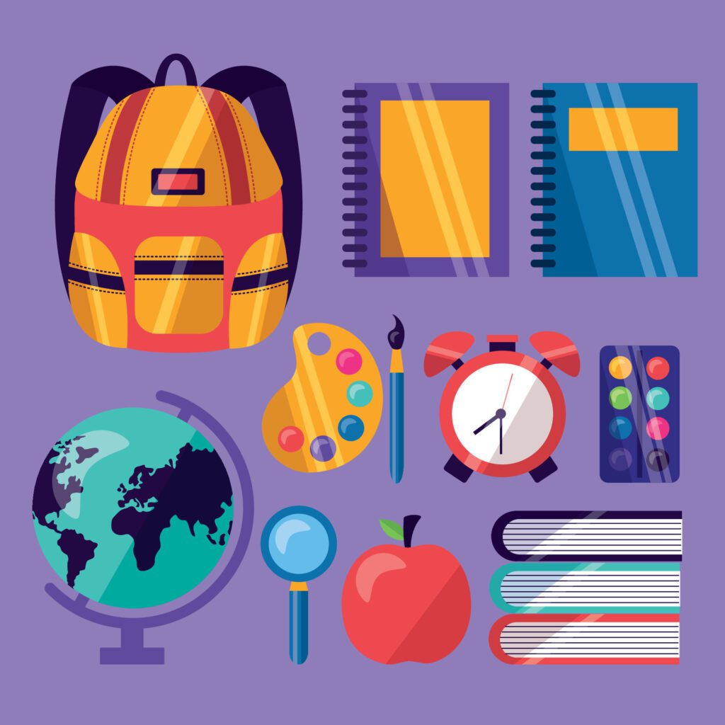 school supplies and school supplies on a purple background Free Vector