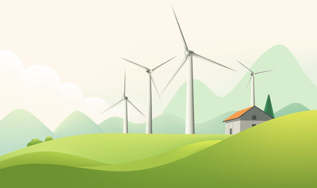 a cartoon image of a farm with wind turbines in the background. Free Vector